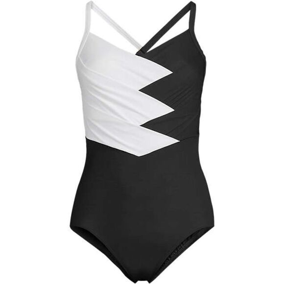 Land's End slender 1 piece swimsuit pleated X back soft swimsuit black white Var - Picture 5 of 10